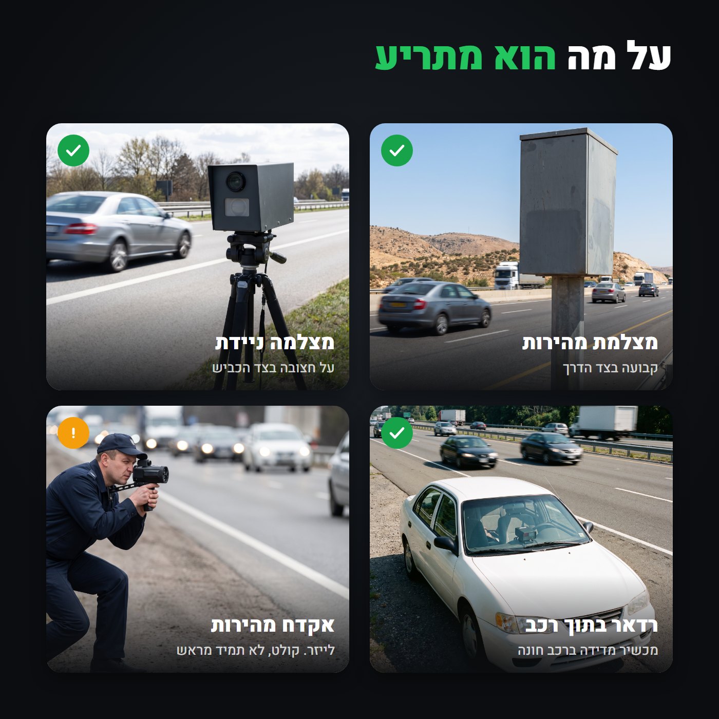 על מה הוא מתריע: מצלמת מהירות, מצלמה ניידת על חצובה, רדאר בתוך רכב ואקדח מהירות