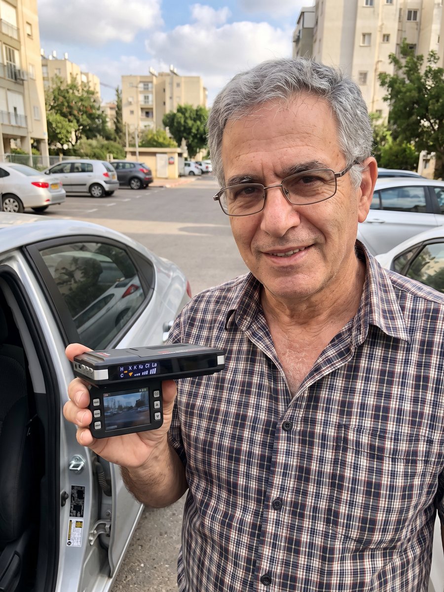 אברהם ליד הרכב, מחזיק את ShieldCam ביד