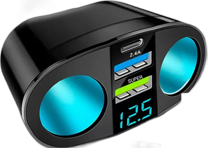 מפצל מצית עם 2 שקעים ו-2 יציאות USB